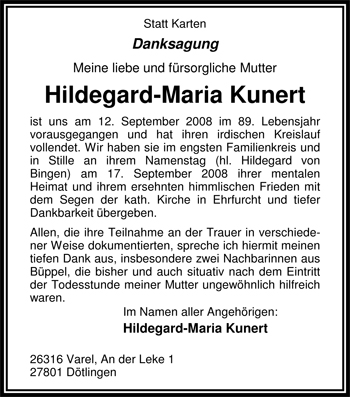Traueranzeige von Hildegard-Maria Kunert von Nordwest-Zeitung