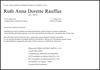 Traueranzeige von Ruth Anna Dorette Rauffus von Nordwest-Zeitung
