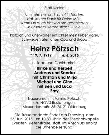 Traueranzeige von Heinz Pötzsch von Nordwest-Zeitung