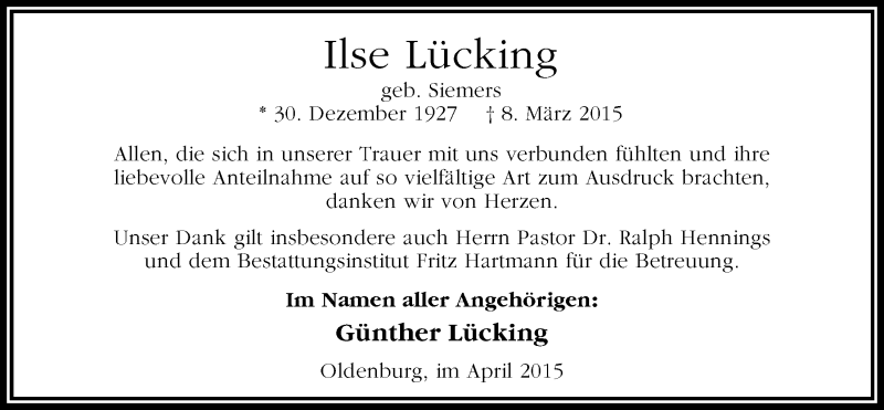  Traueranzeige für Ilse Lücking vom 22.04.2015 aus Nordwest-Zeitung