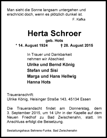 Traueranzeige von Herta Schroer von Nordwest-Zeitung