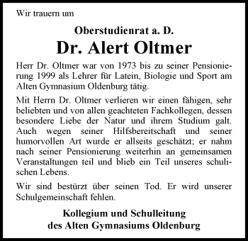 Traueranzeige von Dr. Alert Oltmer von Nordwest-Zeitung