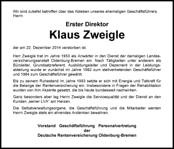 Traueranzeige von Klaus Zweigle von Nordwest-Zeitung