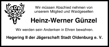 Traueranzeige von Heinz-Werner Günzel von Nordwest-Zeitung