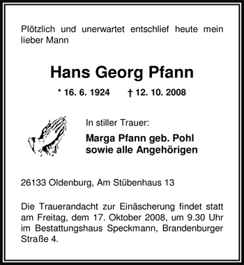 Traueranzeige von Hans Georg Pfann von Nordwest-Zeitung