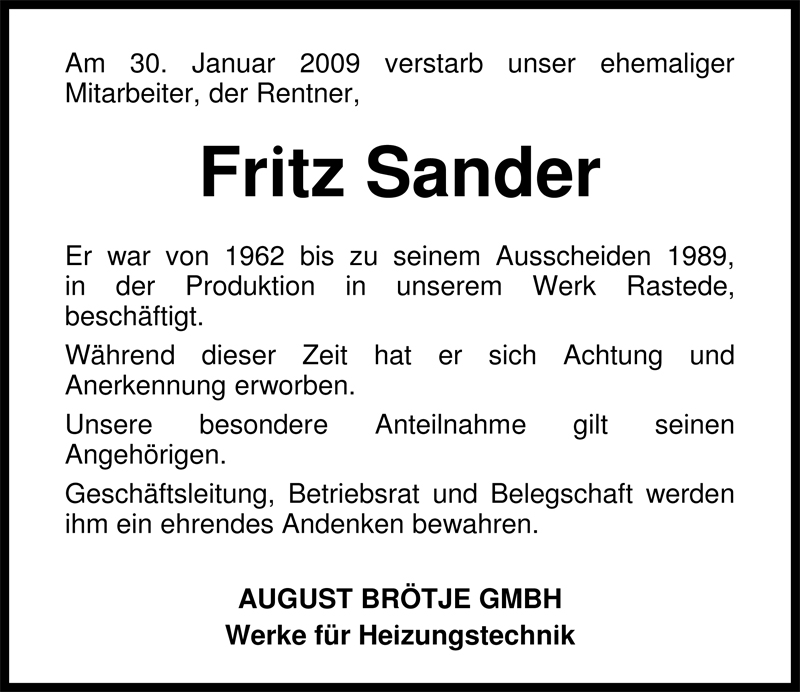  Traueranzeige für Fritz Sander vom 03.02.2009 aus Nordwest-Zeitung