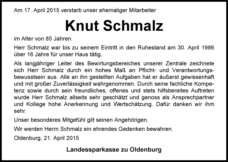  Traueranzeige für Knut Schmalz vom 21.04.2015 aus Nordwest-Zeitung