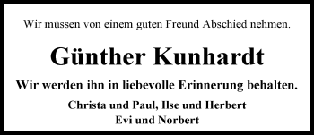 Traueranzeige von Günter Kunhardt von Nordwest-Zeitung