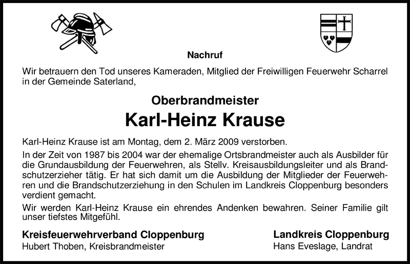  Traueranzeige für Karl-Heinz Krause vom 05.03.2009 aus Nordwest-Zeitung