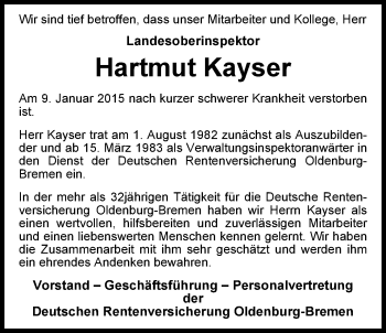Traueranzeige von Hartmut Kayser von Nordwest-Zeitung