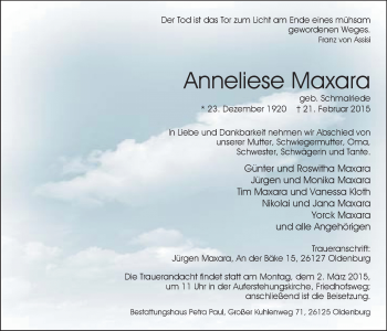 Traueranzeige von Anneliese Maxara von Nordwest-Zeitung