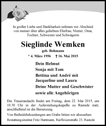 Traueranzeige von Sieglinde Wemken von Nordwest-Zeitung