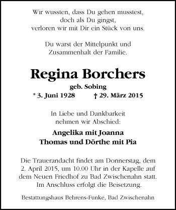 Traueranzeige von Regina Borchers von Nordwest-Zeitung