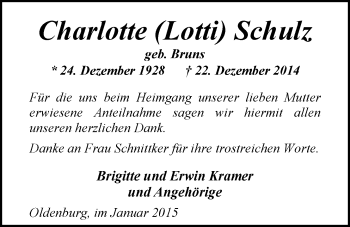 Traueranzeige von Charlotte Schulz von Nordwest-Zeitung