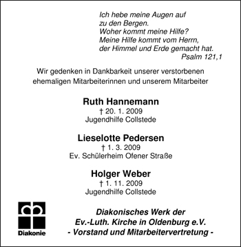 Traueranzeige von Lieselotte Pedersen von Nordwest-Zeitung