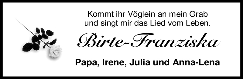  Traueranzeige für Birte-Franziska Hemmen vom 16.05.2009 aus Nordwest-Zeitung