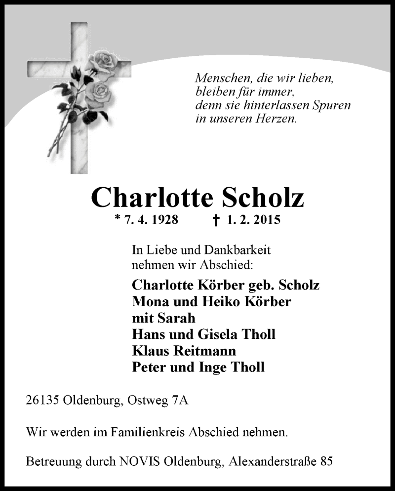 Traueranzeige für Charlotte Scholz vom 07.02.2015 aus Nordwest-Zeitung