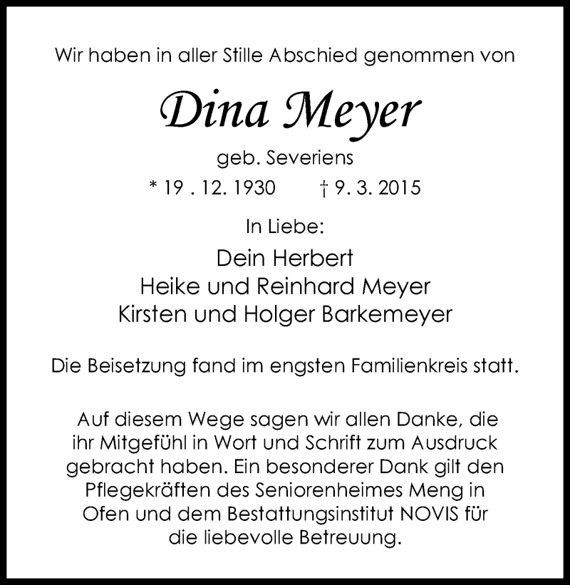  Traueranzeige für Dina Meyer vom 11.04.2015 aus Nordwest-Zeitung