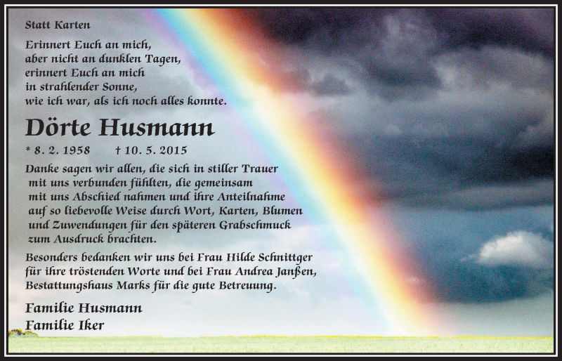  Traueranzeige für Dörte Husmann vom 20.06.2015 aus Nordwest-Zeitung