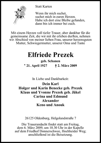 Traueranzeige von Elfriede Prezek von Nordwest-Zeitung