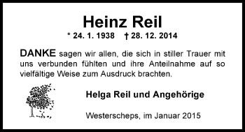 Traueranzeige von Heinz Reil von Nordwest-Zeitung