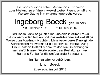 Traueranzeige von Ingeborg Boeck von Nordwest-Zeitung