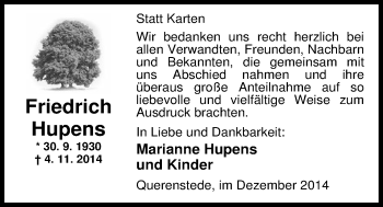 Traueranzeige von Friedrich Hupens von Nordwest-Zeitung