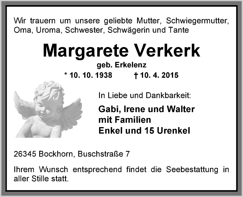  Traueranzeige für Margarete Verkerk vom 13.04.2015 aus Nordwest-Zeitung