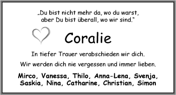 Traueranzeige von Coralie Frerichs von Nordwest-Zeitung