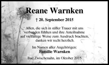 Traueranzeige von Reane Warnken von Nordwest-Zeitung