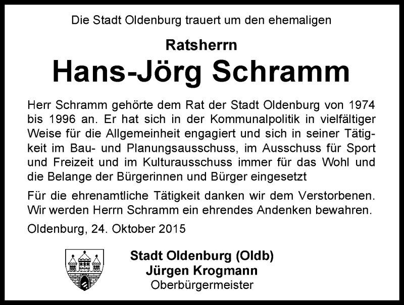  Traueranzeige für Hans-Jörg Schramm vom 24.10.2015 aus Nordwest-Zeitung