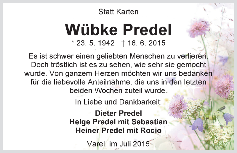  Traueranzeige für Wübke Predel vom 04.07.2015 aus Nordwest-Zeitung