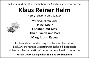 Traueranzeige von Klaus Reiner Helm von Nordwest-Zeitung