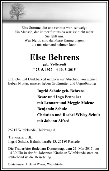 Traueranzeige von Else Behrens von Nordwest-Zeitung