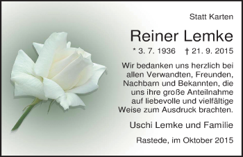 Traueranzeige von Reiner Lemke von Nordwest-Zeitung