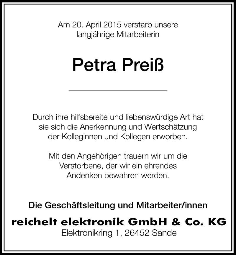  Traueranzeige für Petra Preiß vom 22.04.2015 aus Nordwest-Zeitung