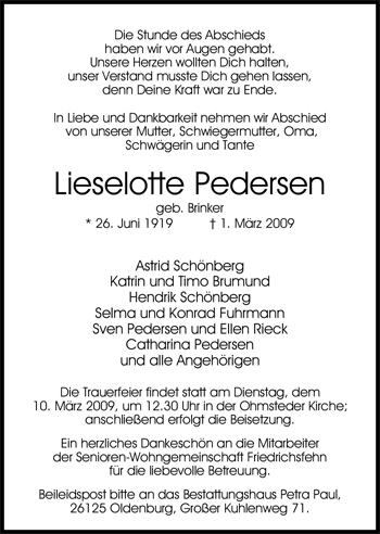 Traueranzeige von Lieselotte Pedersen von Nordwest-Zeitung