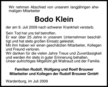 Traueranzeige von Bodo Klein von Nordwest-Zeitung