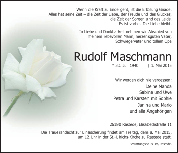 Traueranzeige von Rudolf Maschmann von Nordwest-Zeitung