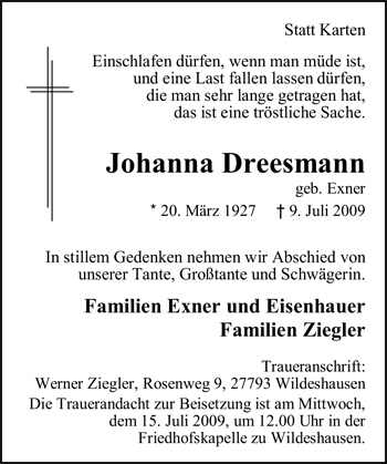 Traueranzeige von Johanna Dreesmann von Nordwest-Zeitung