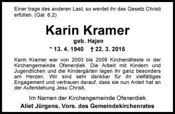 Traueranzeige von Karin Kramer von Nordwest-Zeitung