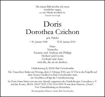 Traueranzeige von Doris Dorothea Czichon von Nordwest-Zeitung
