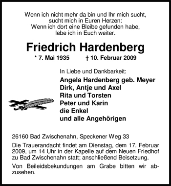 Traueranzeige von Friedrich Hardenberg von Nordwest-Zeitung