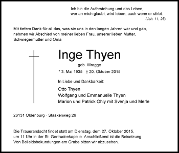 Traueranzeige von Inge Thyen von Nordwest-Zeitung