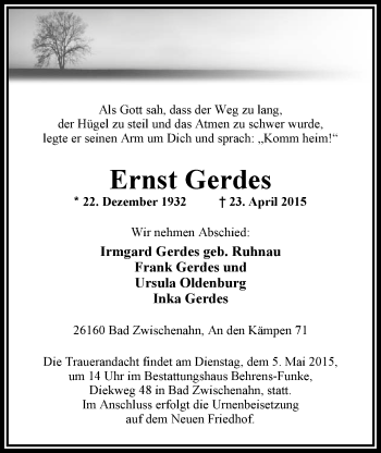 Traueranzeige von Ernst Gerdes von Nordwest-Zeitung