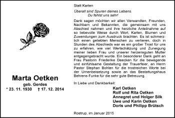 Traueranzeige von Marta Oetken von Nordwest-Zeitung