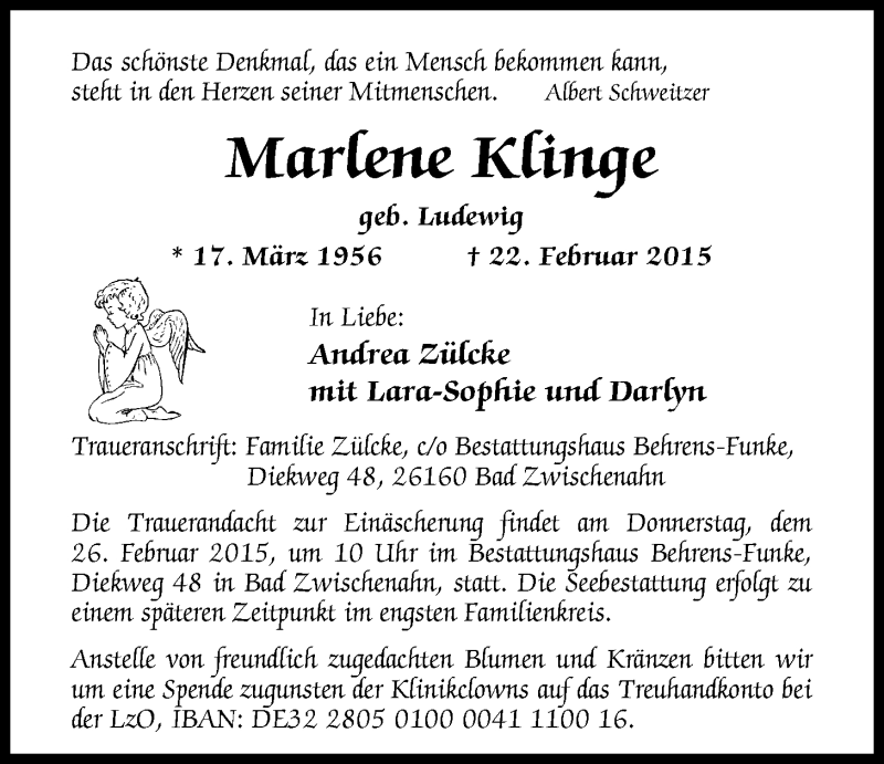  Traueranzeige für Marlene Klinge vom 25.02.2015 aus Nordwest-Zeitung