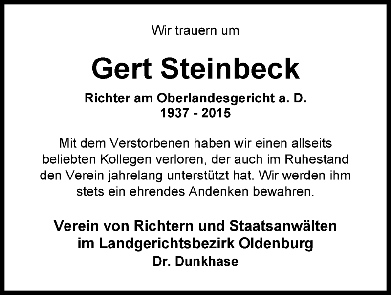  Traueranzeige für Gert Steinbeck vom 16.07.2015 aus Nordwest-Zeitung