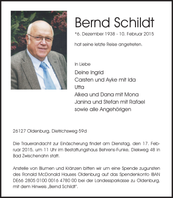 Traueranzeige von Bernd Schildt von Nordwest-Zeitung