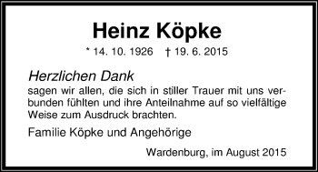 Traueranzeige von Heinz Köpke von Nordwest-Zeitung
